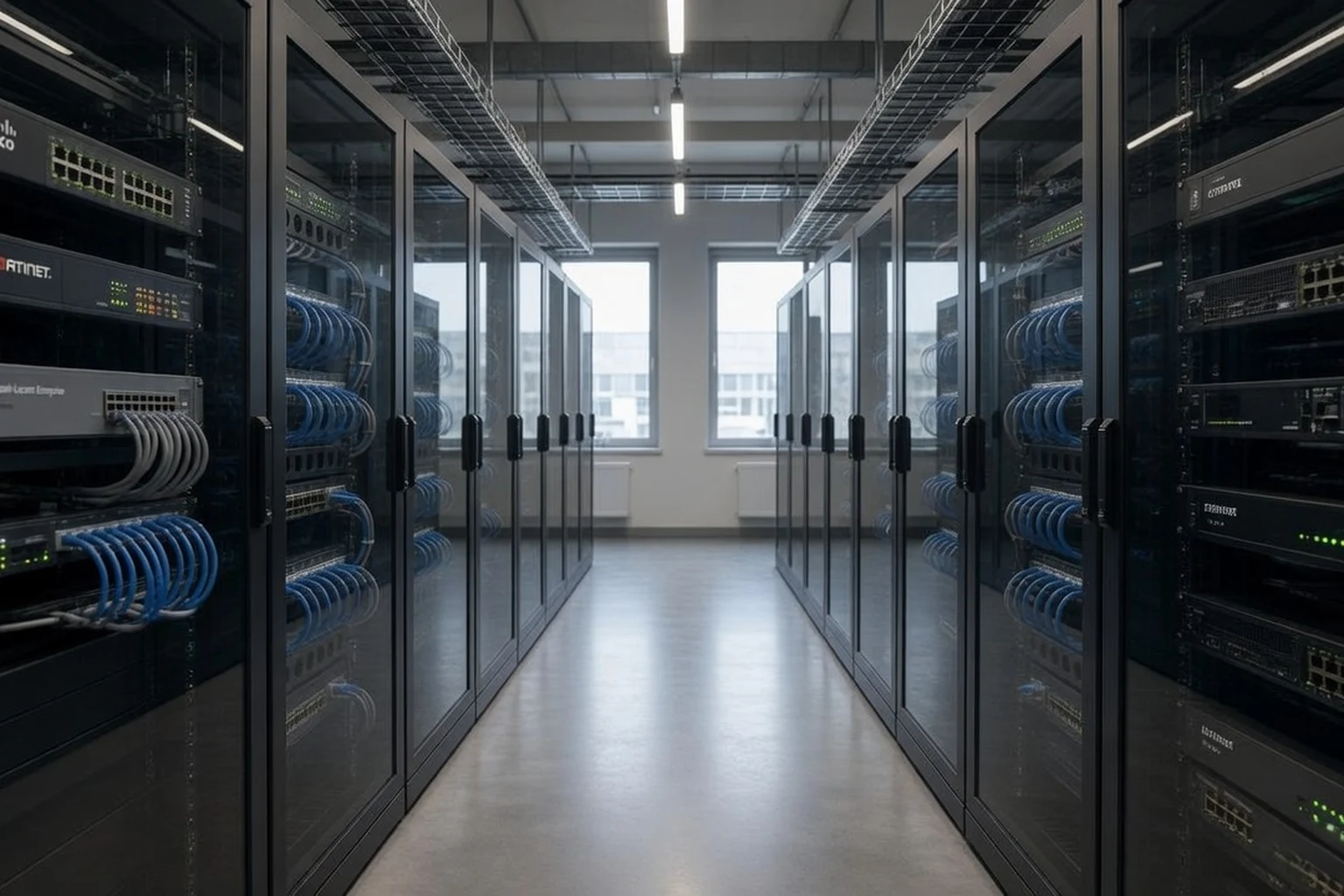 Server rack aisle and networking equipment